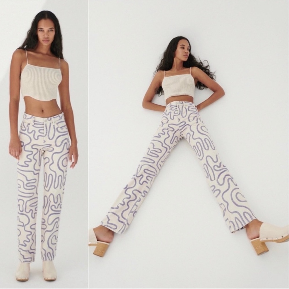 Rare Zara‎ Purple Squiggle Graffiti Print Off White Straight Leg Jeans Size 4